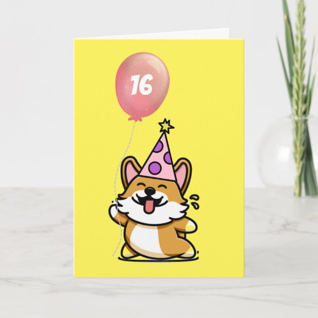 Pink and Purple Party Hat Corgi 16th Birthday Card (Front)