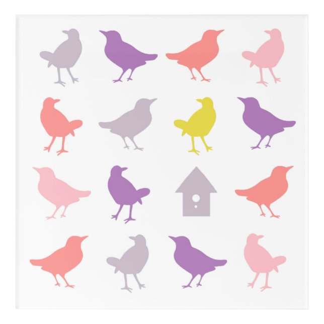 Pink and Purple Pastel Birds with Birdhouse Acrylic Print (Front)