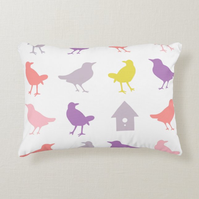 Pink and Purple Pastel Birds with Birdhouse Decorative Pillow (Front)