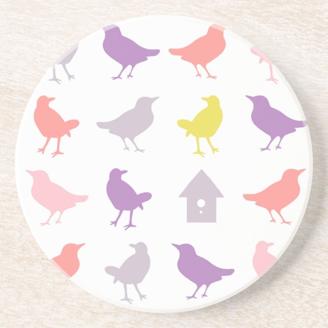 Pink and Purple Pastel Birds with Birdhouse Drink Coaster (Front)