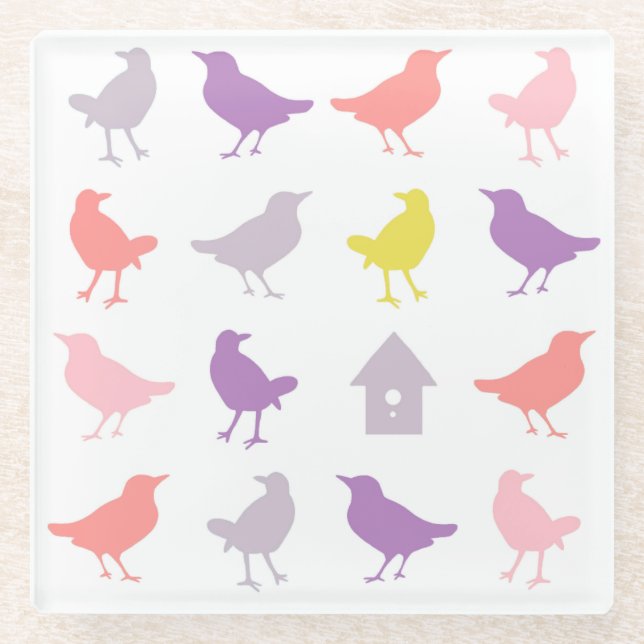 Pink and Purple Pastel Birds with Birdhouse Glass Coaster (Front)