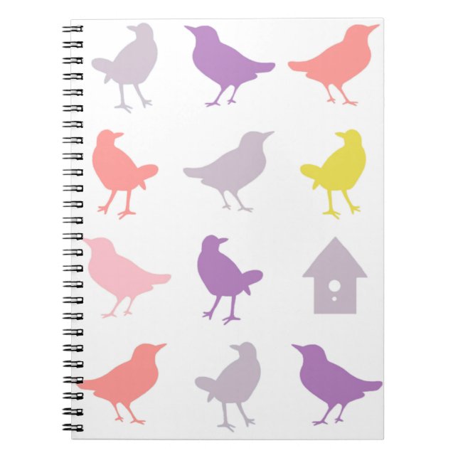 Pink and Purple Pastel Birds with Birdhouse Notebook (Front)