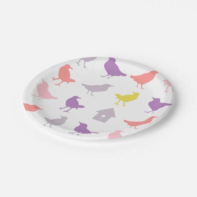 Pink and Purple Pastel Birds with Birdhouse Paper Plates (Angled)