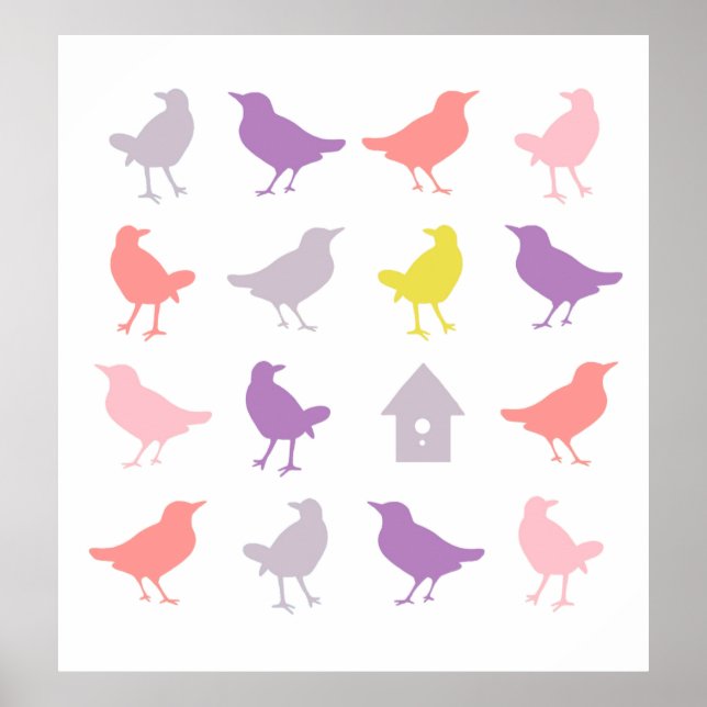 Pink and Purple Pastel Birds with Birdhouse Poster (Front)