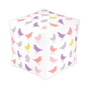 Pink and Purple Pastel Birds with Birdhouse Pouf