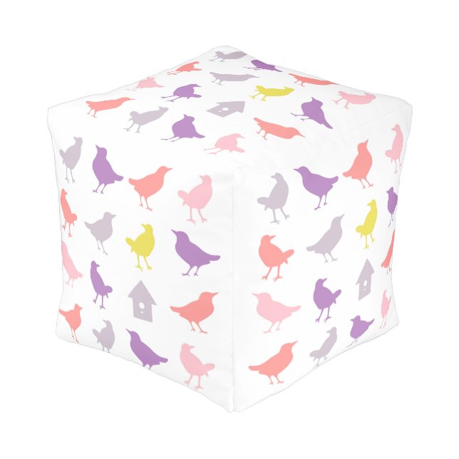 Pink and Purple Pastel Birds with Birdhouse Pouf (Angled Front)