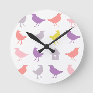 Pink and Purple Pastel Birds with Birdhouse Round Clock