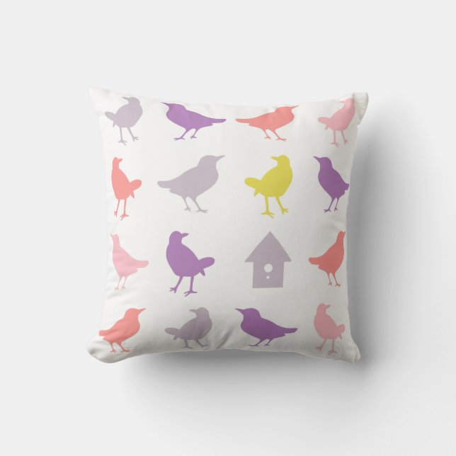 Pink and Purple Pastel Birds with Birdhouse Throw Pillow (Front)
