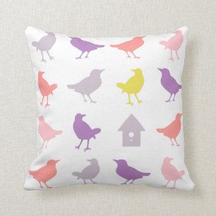Pink and Purple Pastel Birds with Birdhouse Throw Pillow