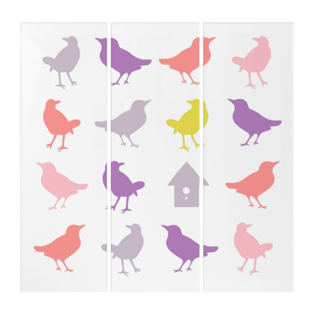 Pink and Purple Pastel Birds with Birdhouse Triptych (Front)