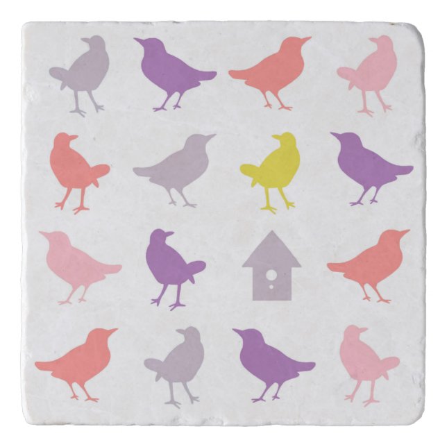 Pink and Purple Pastel Birds with Birdhouse Trivet (Front)