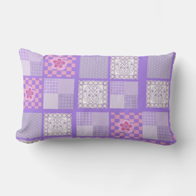 Pink and Purple Patchwork Design Lumbar Pillow (Front)