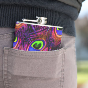 Pink and purple peacock feather texture design flask