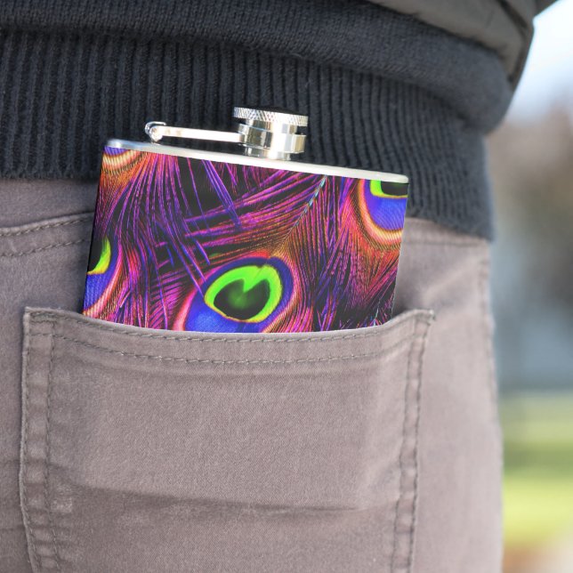 Pink and purple peacock feather texture design flask (In Situ)