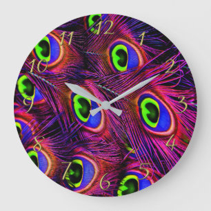Pink and purple peacock feather texture design large clock