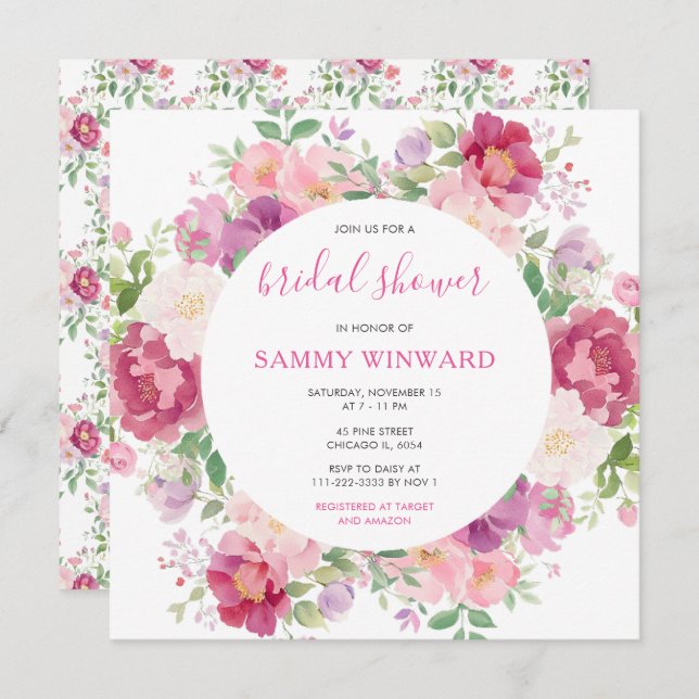 Pink and Purple Peony Flowers Bridal Shower Invitation (Front/Back)