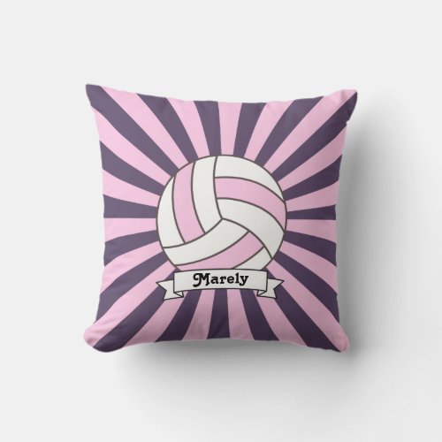 Pink and Purple Personalized Volleyball Sunburst Throw Pillow