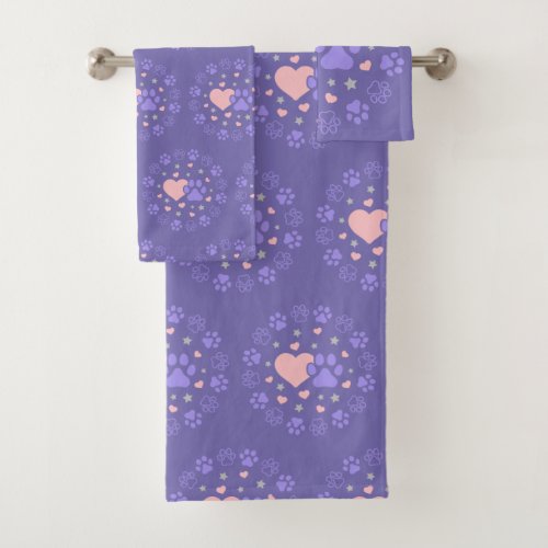 Pink and Purple Pet Lovers Hearts and Stars  Bath  Bath Towel Set