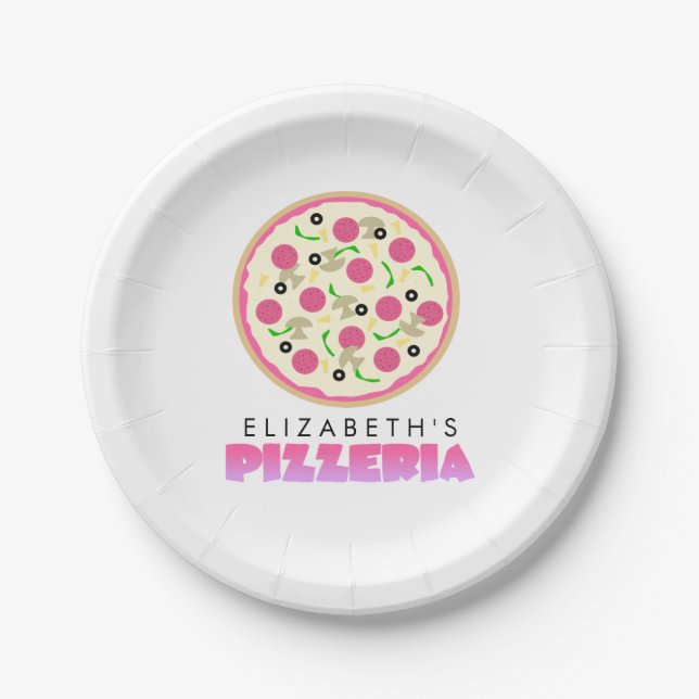 Pink and Purple Pizza Party Paper Plates (Front)
