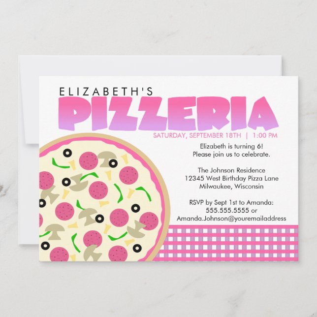 Pink and Purple Pizzeria Party Invitation (Front)