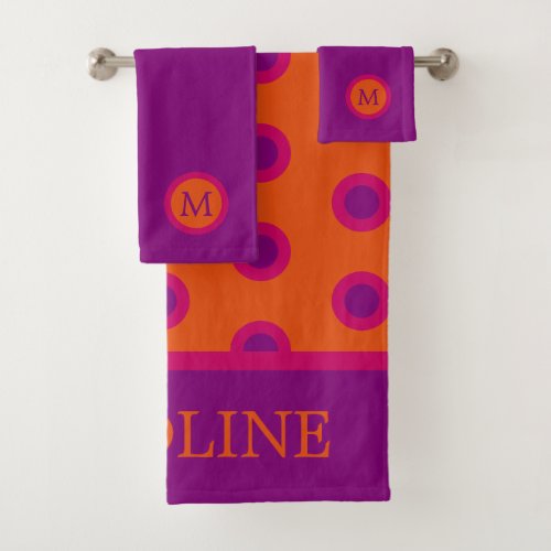 Pink and Purple Polka Dot on Orange Monogram Bath Towel Set