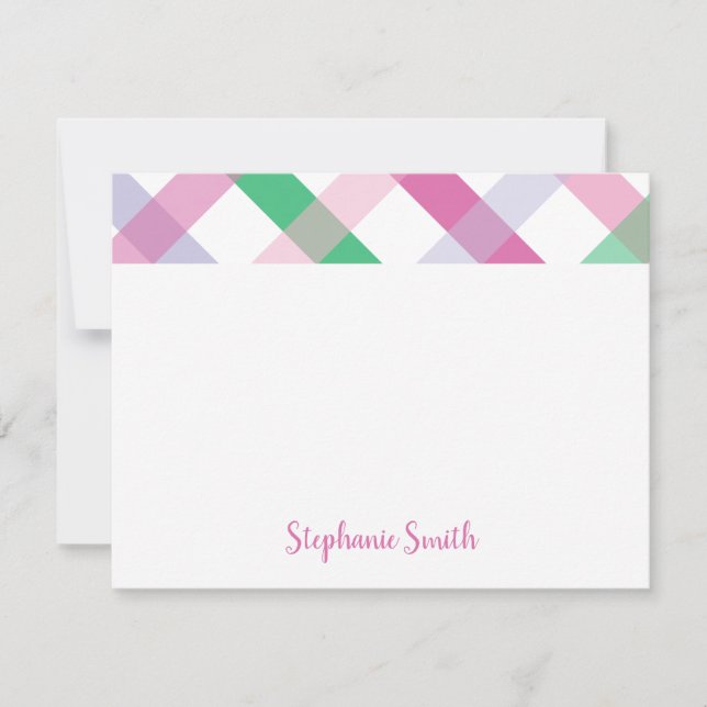 Pink and Purple Preppy Plaid Personalized Note Card (Front)