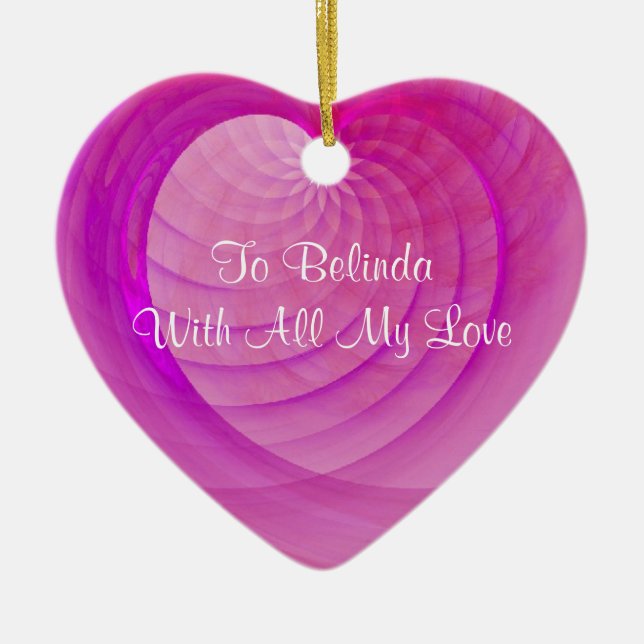 Pink and Purple Ribbed Heart Keepsake Ceramic Ornament (Front)