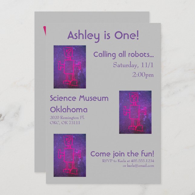 Pink and Purple Robot Science Party Invitation (Front/Back)