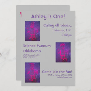 Pink and Purple Robot Science Party Invitation
