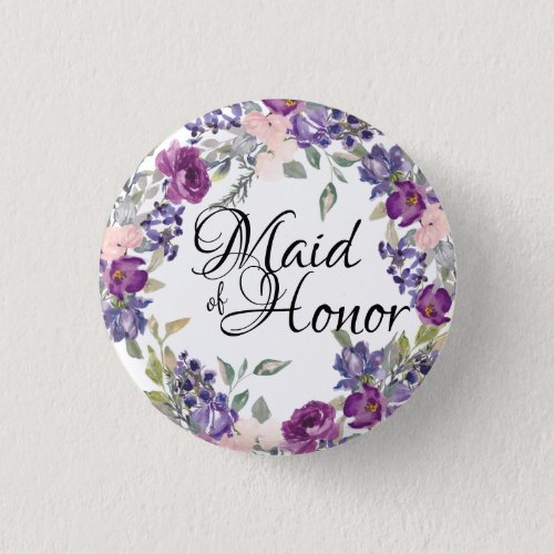Pink and Purple Rose Floral Maid of Honor Button