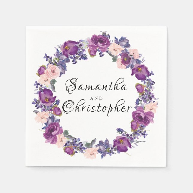 Pink and Purple  Rose Floral Personalized Napkins (Front)