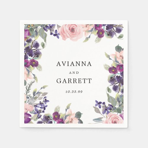 Pink and Purple Rose Floral Personalized Wedding Napkins