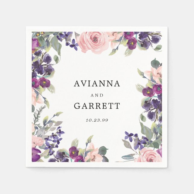 Pink and Purple Rose Floral Personalized Wedding Napkins (Front)