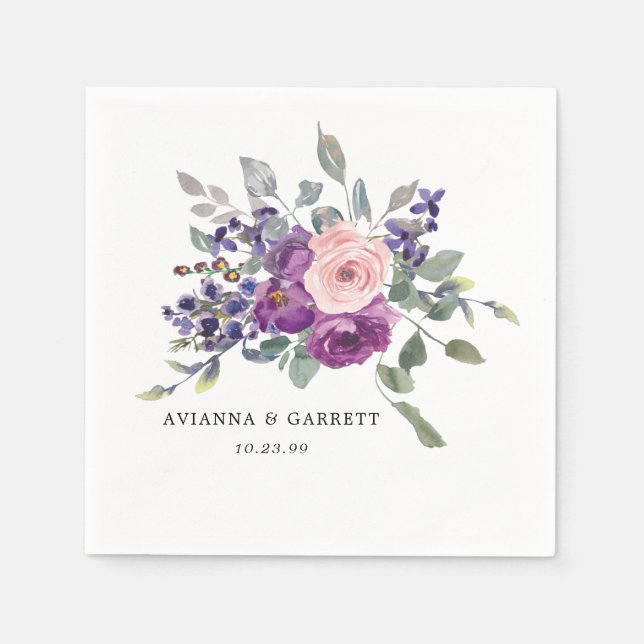 Pink and Purple Rose Floral Personalized Wedding Napkins (Front)