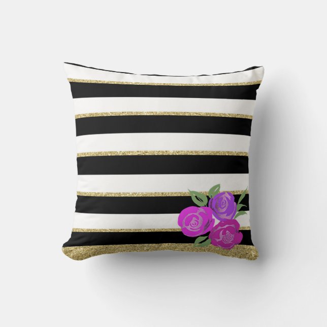 Pink and Purple Roses, Black, White, Gold Cushion (Front)