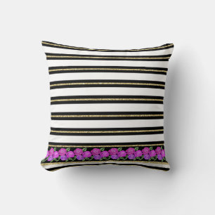 Pink and Purple Roses, Black, White, Gold Cushion