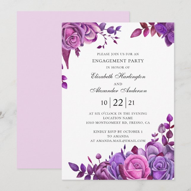 Pink and purple roses. Floral engagement party Invitation (Front/Back)