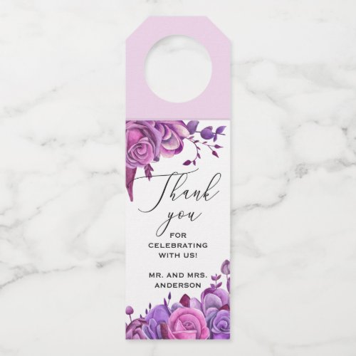 Pink and purple roses Floral wedding thank you  Bottle Hanger Tag