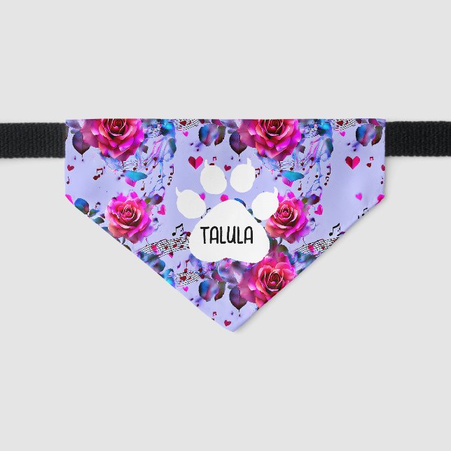 Pink and Purple Roses Personalized Floral Pet Bandana Collar (Front)