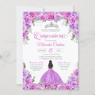 Pink and Purple Roses & Silver Tiara Quinceanera I Invitation