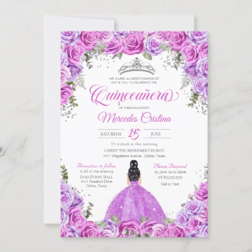 Pink and Purple Roses  Silver Tiara Quinceanera I Invitation