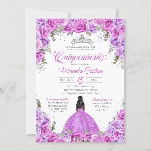 Pink and Purple Roses  Silver Tiara Quinceanera Invitation