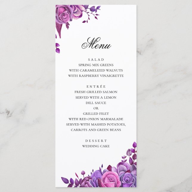 Pink and purple roses. Watercolor floral wedding Menu (Front)