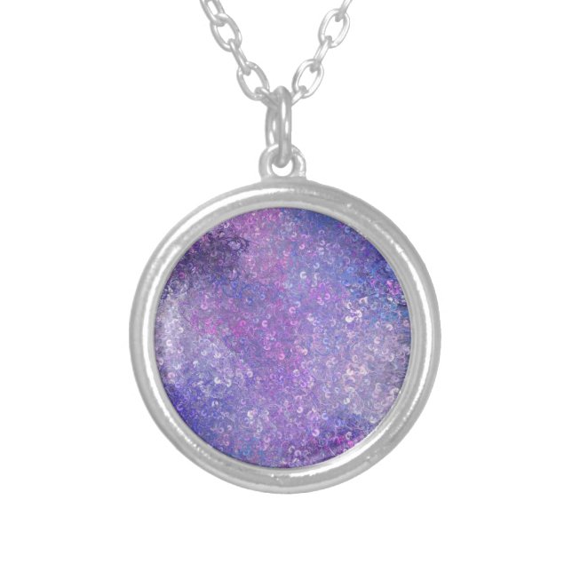 Pink And Purple Sequins Bling  Silver Plated Necklace (Front)