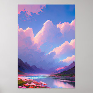 Pink and Purple Skies Over a Mountain Lake Poster
