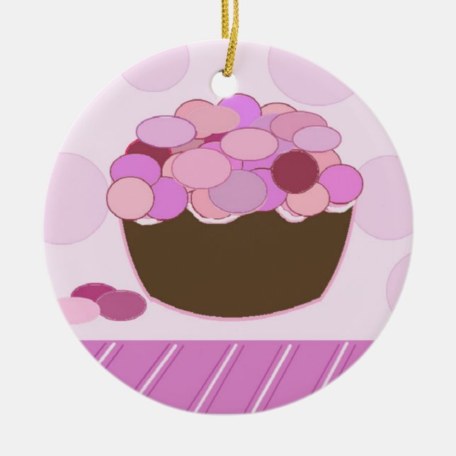 Pink and Purple Smartie Cupcake Ceramic Ornament (Front)