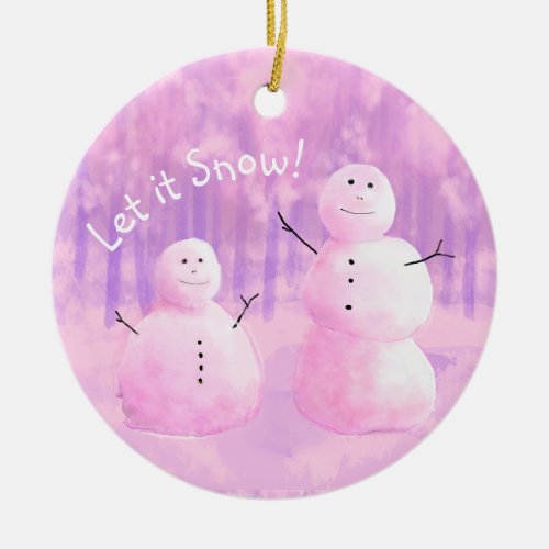 Pink and Purple Snowman Ceramic Ornament