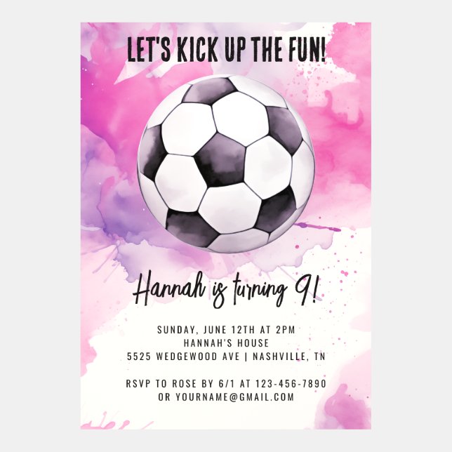 Pink and Purple Soccer Girl Birthday Invitation (Front)