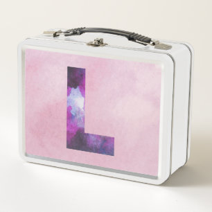 Pink and Purple Space Galaxy Letter L Metal Lunch Box