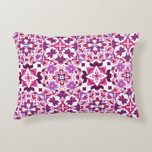 Pink and Purple Spanish Tiles Accent Pillow (Front)